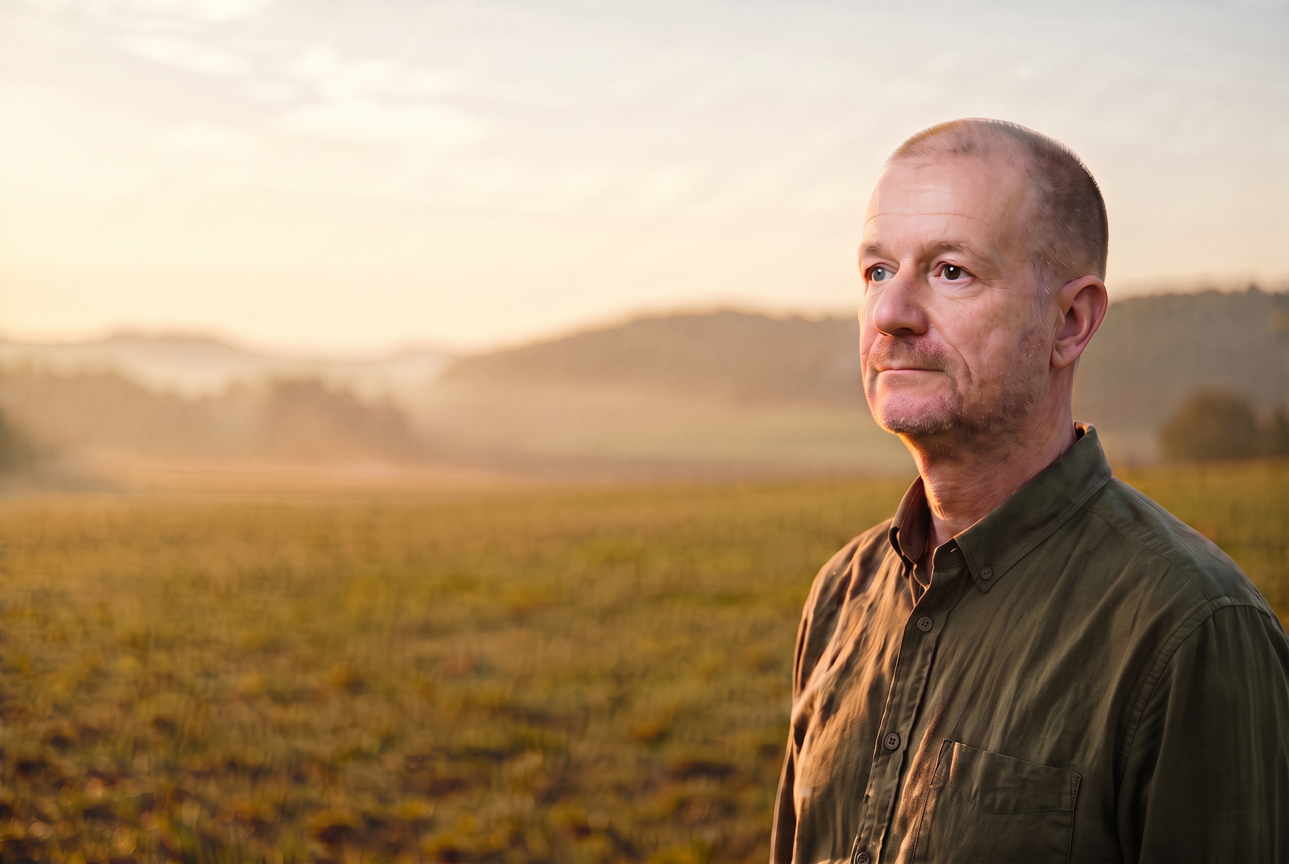 Mike Akar im dunklen olivgrünen Hemd steht am frühen Morgen in einer weiten, offenen Landschaft mit Dunst über dem Horizont
