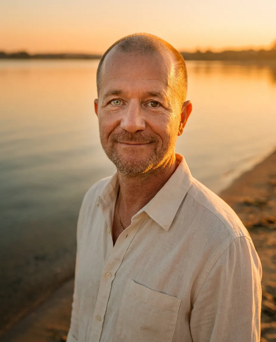 Mike im warmen Morgenlicht am Wasser