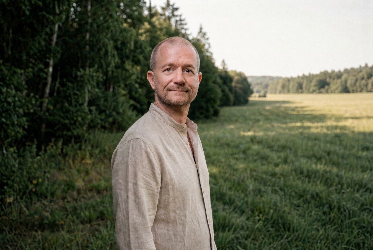 Mike Akar im beigen Hemd steht am Waldrand über einer Wiese und blickt zum Betrachter