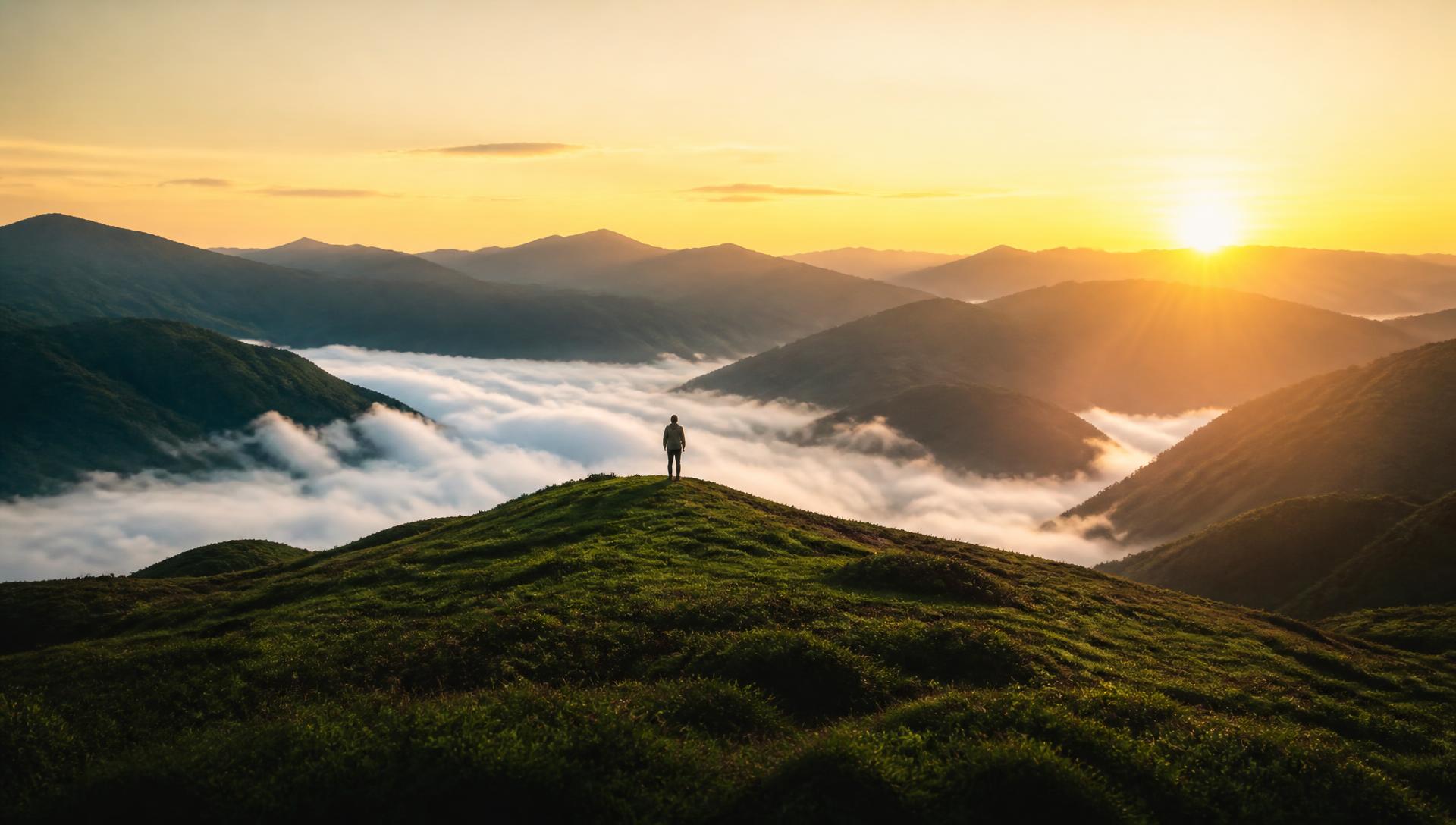 Weite Hügellandschaft im Morgenlicht, Nebelmeer im Tal, eine Person steht auf der Kuppe